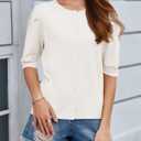 Saodimallsu Womens Puff Short Sleeve Cardigan Sweater Lightweight Knit Spring Summer Crew Neck Button Down Tops White (White, L)