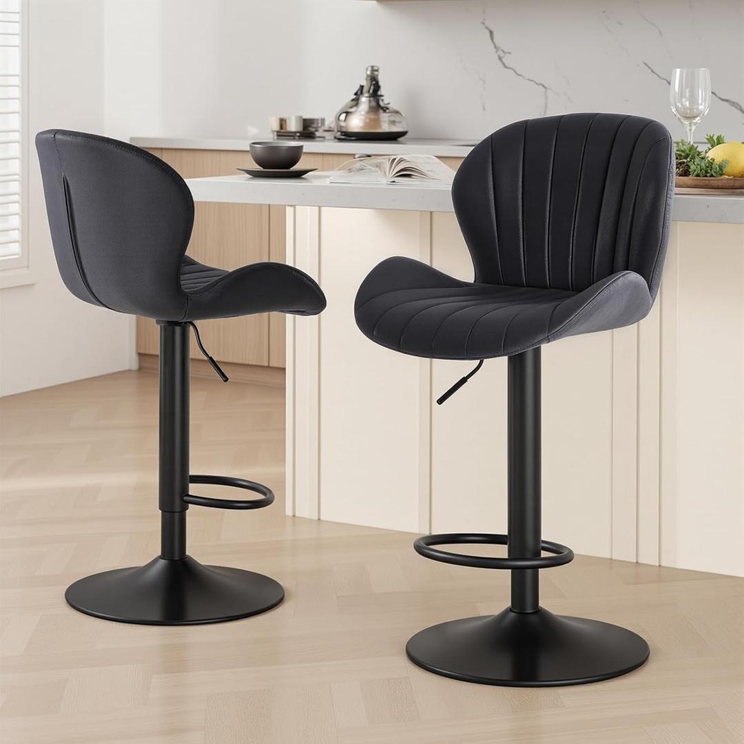 Sweetcrispy Bar Stools Set of 2, Swivel Adjustable Height Fabric Bar Chair | Barstools Counter Height, Backrest, Armless, Upholstered, Modern, Kitchen Island, Dining Room, Black