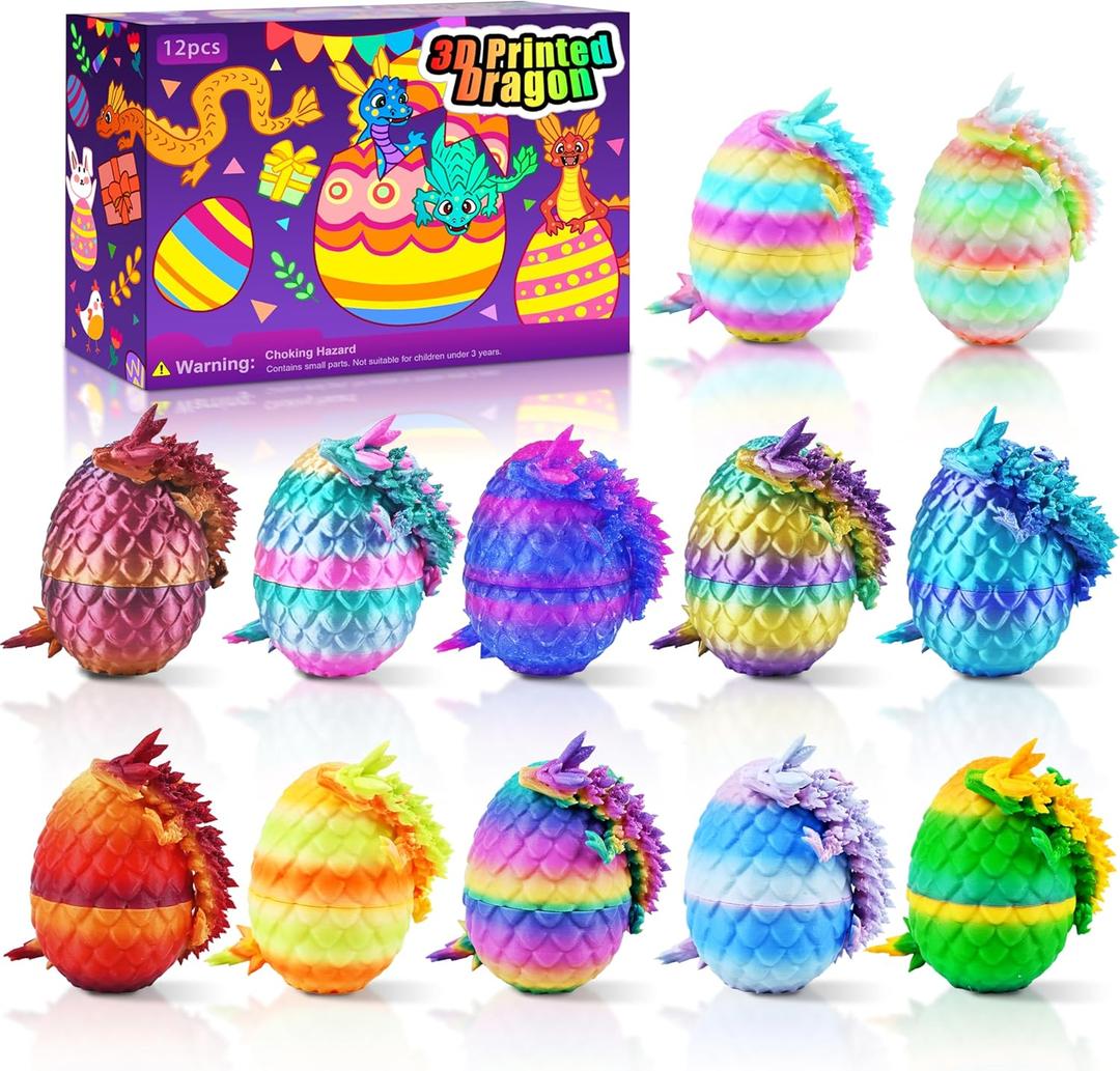 12PCS Easter 3D Printed Dragon Eggs with Dragon Inside, Unique Fun Gifts Cool Stuff Cool Gadgets for Men Teens Boy Gifts, Mini Articulated Easter Basket Essentials for Kids