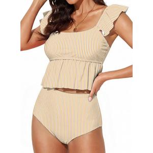 Dokotoo Two Piece Tankini Swimsuits for Women 2026 Square Neck Ruffle Cap Sleeve Bathing Suits Striped Swim Suits, Large, Yellow Stripe