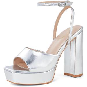 Elisabet Tang Chunky Heeled Platform Sandals for Women, 4.7 Inch Block Heels with Open Toe Ankle Strap, Dress Shoes for Wedding Party Homecoming Travel Silver, Size 7
