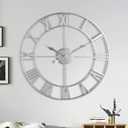 Large Wall Clock, Metal Retro Roman Numeral Clock, Modern Round Wall Clocks Almost Silent, Easy to Read for Living Room/Home/Kitchen/Bedroom/Office/School Decor (Silver, 16 Inch)