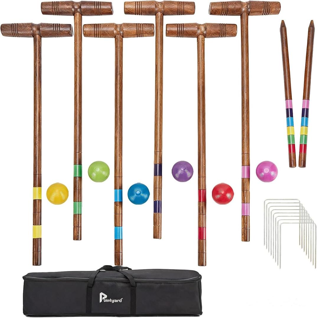 Pointyard 32’’ Six Player Croquet Set, Regulation [Vintage Archaize] Croquet Set with Wooden Mallets/Colored Ball/Wickets/Stakes for Adults/Teenagers/Family-Perfect for Lawn/Backyard Game/Park