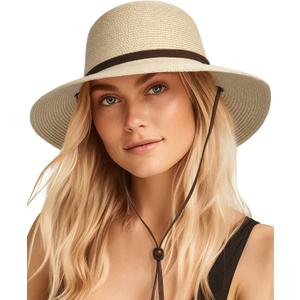 FURTALK Womens Wide Brim Sun Hat with Wind Lanyard UPF Summer Straw Sun Hats for Women (Medium-Large, Ad-beige)