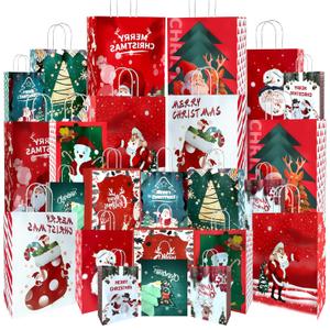 24 Pack Christmas Gift Bags Bulk Hallmark Festive Design with Handles, Assorted Gift Bag Different Sizes Sets for Gifts, Durable Kraft Paper Bags for Holiday Presents(8 Large,8 Medium,8 Small)