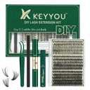 KEYYOU Lash Extension Kit DIY 300Pcs Lash Clusters Eyelash Extension Kit Lash Clusters Kit with Lash Glue Remover Applicator Easy to Use for Beginners(Kit, 30D40D50D-C, 8-16MIX)