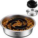 2-in-1 Metal Dog Bowl with Slow Feeder Insert, Stainless Steel Dog Bowls Food Grade 304, Water Food Bowl with Anti-Slip Silicone Base for Small, Medium, Large Dogs (Black)