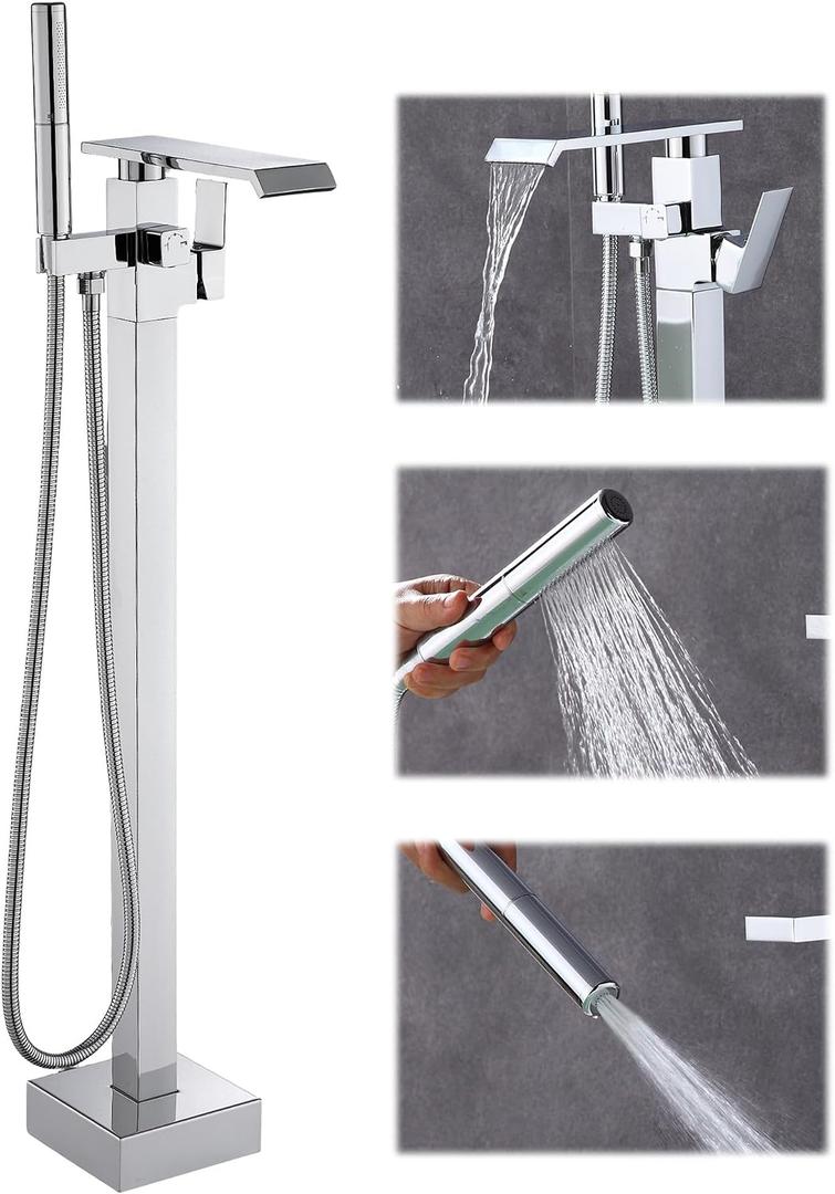 Waterfall Free Standing Tub Faucet, Floor Mount Bathroom Tub Filler Freestanding Bathtub Shower Faucets with Handheld Sprayer, Chrome