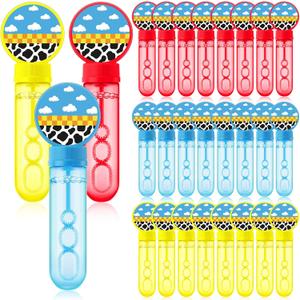 24 Pcs Cartoon Toy Bubble Wands Blue Sky White Clouds and Cow Print Mini Bubble Party Favor for Kids Toddlers Birthday Goody Bag Stuffer Filler Classroom Reward Gifts(Red, Yellow, Blue)