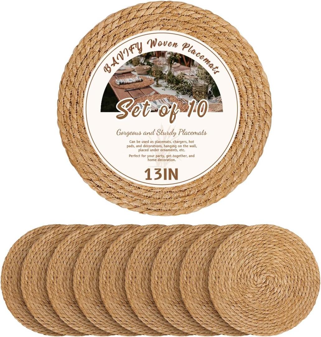 13 in Round Woven Placemats Plate Chargers Set of 10, Boho Farmhouse Rustic Woven Place Mats for Dining Table Decor, Rattan Wicker Table Mats Jute Braided Chargers for Dinner Plates (Natural Color)