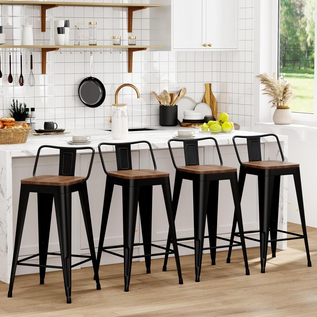 WENTMENT Bar Stools Set of 4 Counter Height Metal Barstools with Removable Back 30" Kitchen Bar Stools with Wooden Seat, Black WENTMENT Bar Stools Set of 4 Counter Height Metal Barstools with Removable Back 30" Kitchen Bar Stools with Wooden Seat, Black