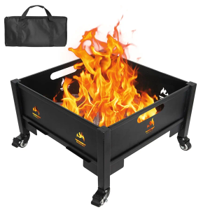 Portable Square Fire Pit, 22 Inch Outdoor Collapsible Plug Firepit for Camping, Backyard, Patio, Portable Indoor Outdoor BBQ Accessories for Wood Burning with Storage Bag, Black