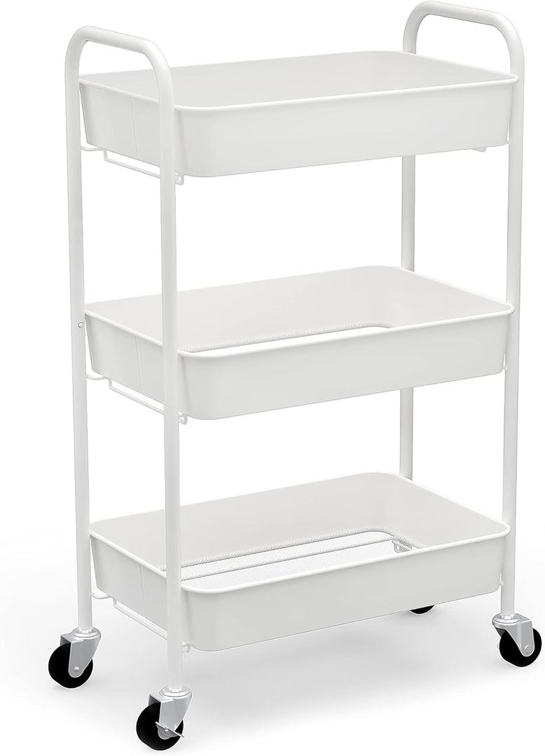 CAXXA 3-Tier Rolling Metal Storage Organizer - Mobile Utility Cart Kitchen Cart with Caster Wheels, White