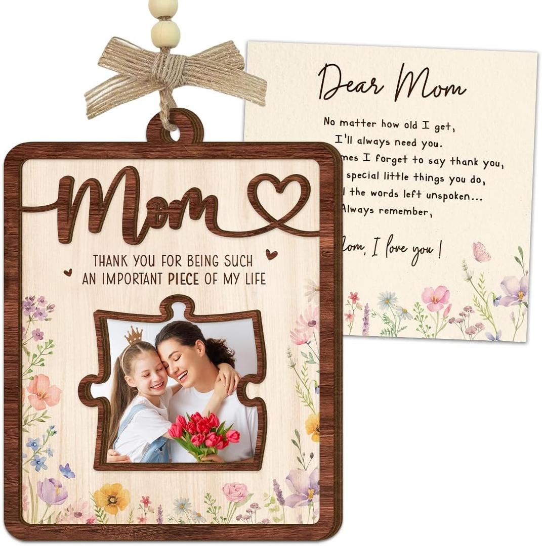 Birthday Gifts for Mom from Daughter Son 4 x 3in Mom Picture Frame Ornament with Puzzle Slot, Wooden Photo Holder for Car Hanging Mothers Day Ideas for Moms, Bonus, Mother-in-Law