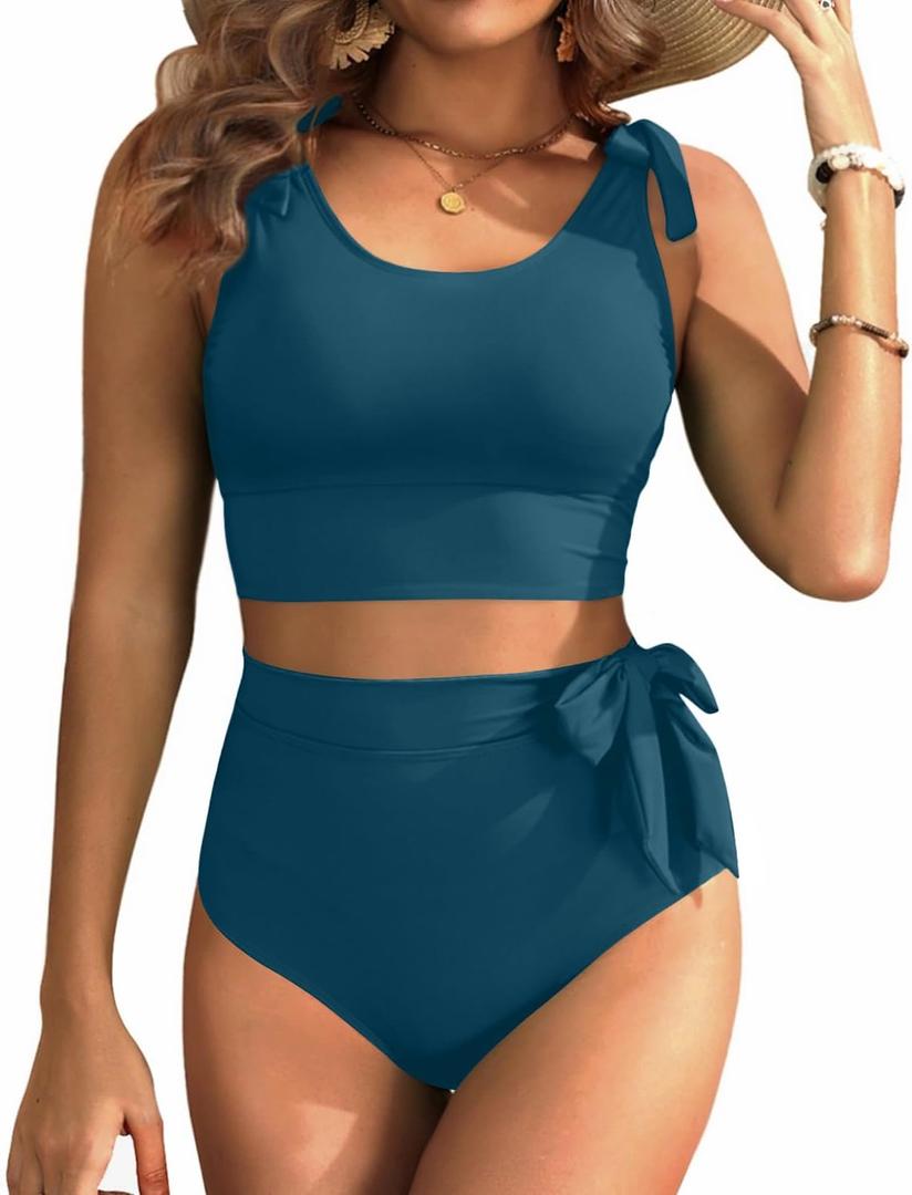 Two Piece High Waisted Swimsuits - Women Tummy Control Bikini Modest Bathing Suit 2PC 2025 (Large, Teal)