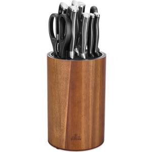 Enoking Universal Knife Block Holder with Plastic Lid, Acacia Wood Knife Block without Knives for Scissors, Sharpening Rod and Knives, Round Knife Storage Organizer Display