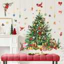 Decorated Christmas Tree Wall Decals, Cardinal Birds Gold Snowflakes Festive Elements Wall Stickers for Home Shop Holiday Party Wall Decoration