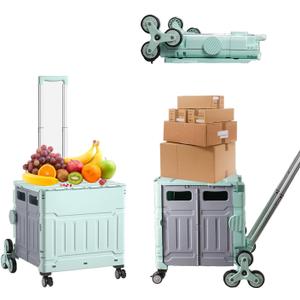 Foldable Utility Cart,Folding Portable Rolling Crate Handcart with Lid,Collapsible Aluminium Alloy Telescoping Handles,8 Wheels for Travel Shopping Climbing Stairs Moving Storage Office Use (Green)