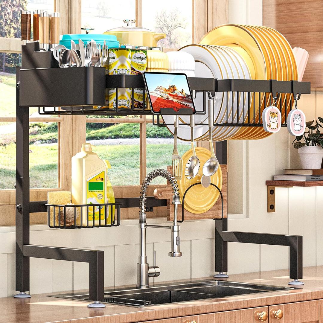 ADBIU Over The Sink Dish Drying Rack (Expandable Height and Length22.6" - 35.5" L) Snap-On Design 2 Tier Large Dish Rack