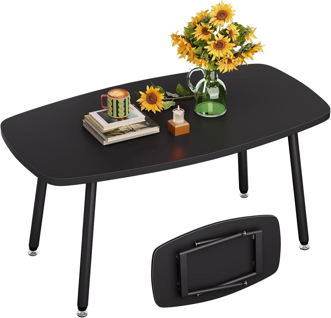WOHOMO Folding Coffee Table 39.3'' Black Coffee Tables for Living Room Portable Simple Modern Rectangular Center Table for Small Spaces, No Assembly, Black