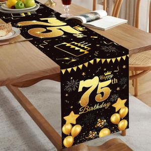 Happy 75th Birthday Table Runner Black Gold 72 Inch Long Celebrate 75th Birthday Table Runner for 75 Years Old Men Women Anniversary Party Decor Non-Slip Dining Table Linen Cloth Decorations