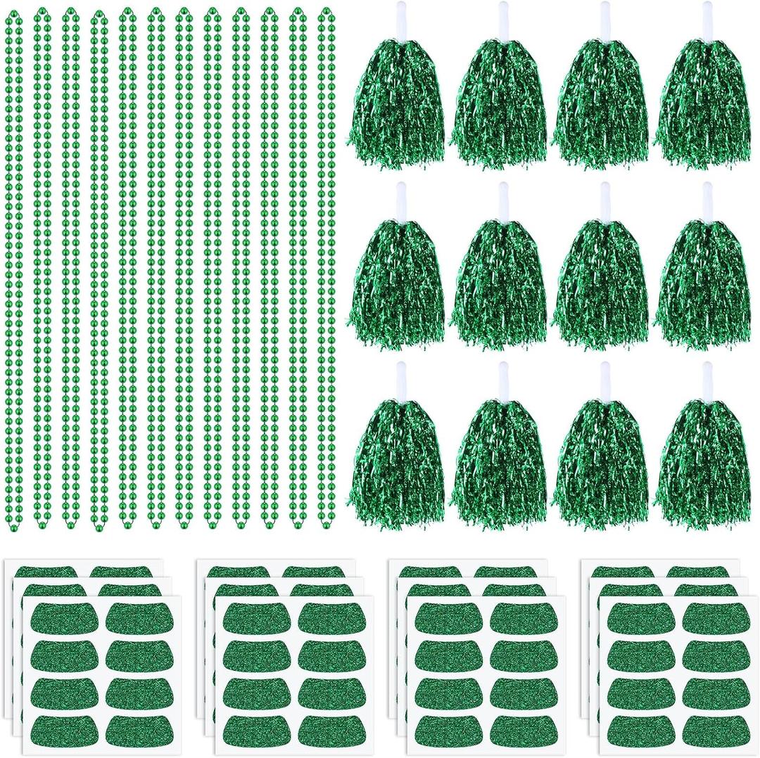 Realspring 124 Pcs Team Spirit Week Accessories School Spirit Items Bulk Including Cheerleading Pom Poms Eye Stickers Beaded Necklace for Sporting Events Football Cheering Essentials