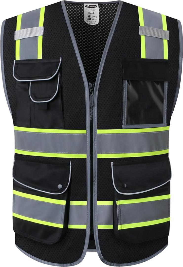 JKSafety 9 Pockets High Visibility Zipper Front MESH Black Safety Vest | Black with Dual Tone High Reflective Strips | ANSI/ISEA Standards (100-Black, M)