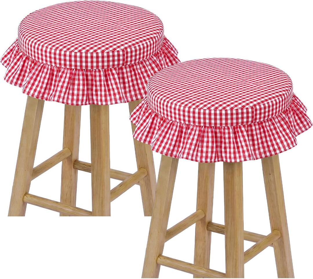 2 Pcs Bar Stool Covers with Ruffles 12 Inch Round Stool Cover with Elastic Band Pad Farmhouse Seat Slipcover Nonslip and Washable(Red,Gingham)