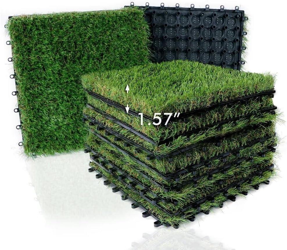 XLX TURF Outdoor Artificial Grass Tiles Interlocking Turf Squares 9 Pack, 12"x12" Fake Grass Mat for Balcony Patio Deck Flooring Decor, Pets Dog Pee Pad, Self-draining 8 Buckle System