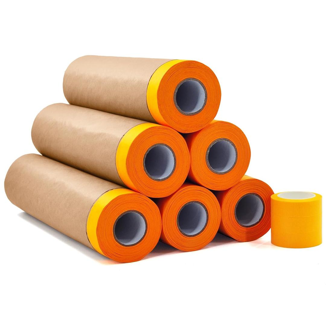 Pre-Taped Paint Masking Paper and Masking Tape Sets, 22inch-50feet Painters Paper and Painters Tape, Automotive Paint Paper, Tape and Drape Waterproof for Painting Protection Covering (6)