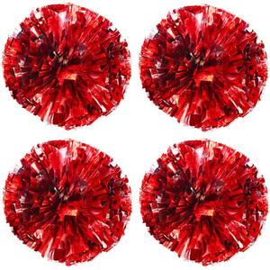 TTSAM 4 Pack (2 Pair) Metallic Foil Cheerleader Pom Poms & Plastic Ring Cheer Poms with Baton Handle Cheerleading Pompoms for Sports Party Dance Team Accessories Cheering Squad Spirit (Red & Silver)