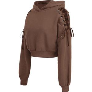 MakeMeChic Women's Cat Ear Hoodie Sweatshirt Lace Up Long Sleeve Y2k Cute Pullover Crop Tops Brown Small