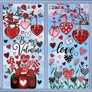 2 x JarThenaAMCS Valentine's Day Window Cling Stickers Red Black Pink Heart Plant Rose Flower Double-Sided Reusable Window Decals for Party Home Office Classroom Decoration, 4 Sheets