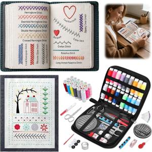 2 x New Embroidery Stitch Book Kit for Adults & DIY Craft Lovers,Portable Embroidery Kit for Beginners Enthusiasts,Includes Guide to 106 Patterns with Tools & Tutorials and 86-Piece Sewing Tool Kit(1 Set)