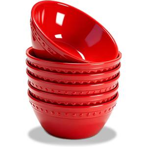 6in Red Beaded Melamine Plastic Cereal Bowl Set, Soup Bowls Set of 6, Dishwasher Safe, Break-Resistant, 24 oz Melamine Salad Bowls for Daily Use