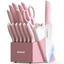 Astercook Knife Set, Kitchen Knives Set with Block and Sharpener 15 Pcs German Stainless Steel Knives Sharp Blade Dishwasher Safe Deba Knives with Ergonomic Handle, Crystal Pink
