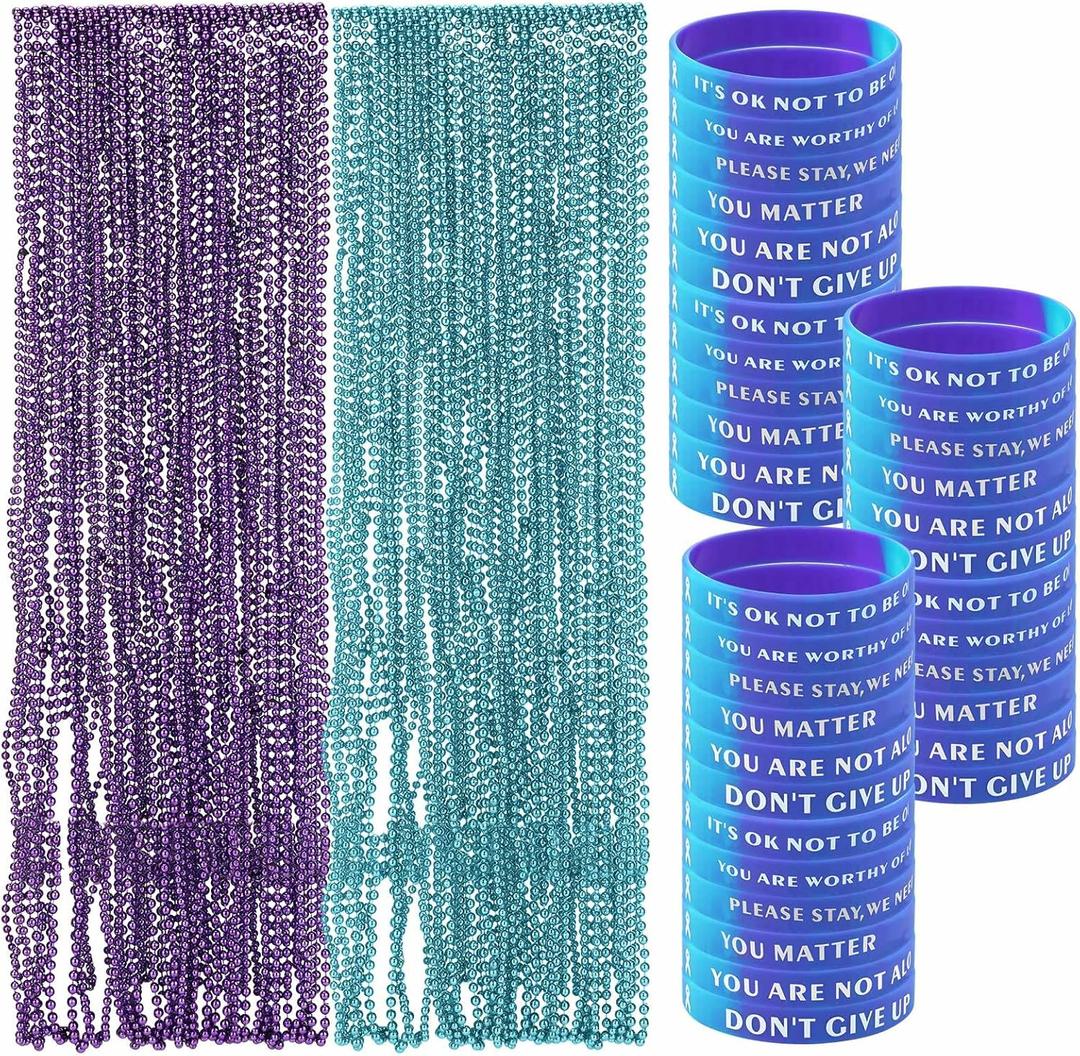 108 Pcs Suicide Prevention Awareness Bracelets - 33'' Teal & Purple Beads Necklace Bulk Inspirational Silicone Wristband for Suicide Awareness Day 2025 Charity Campaign Party Favors