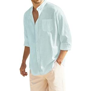 COOFANDY Men's Casual Cotton Linen Button Down Shirts Band Collar Long Sleeve Shirt Beach Summer Shirt with Pocket M