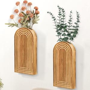 2 Pack Wall Decor Wood Planters for Indoor Plants, Modern Planter Bathroom, Living Room, Kitchen Decor, Farmhouse Vase Dried Flowers and Faux Greenery(Rustic Brown)