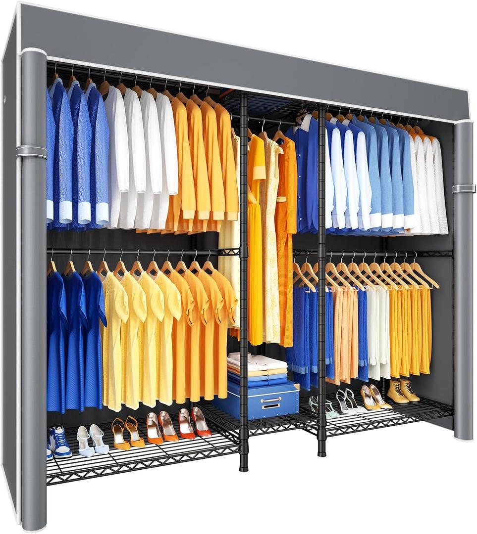 Ulif E12C Pro Heavy Duty Closet Organizer SystemFreestanding Clothing Racks for Hanging ClothesAdjustable Garment Rack 71"W x 16"D x 76.5"H Hold 960lbsBlack Clothing Rack with Grey Dustproof Cover