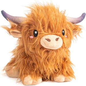 Happy Fuel Highland Cow Microwavable 1.5lbs Unscented Heating Pad for Women & Kids- Cute Soft Cozy Pillow Plush Heatable Warm Stuffed Animals- Kawaii Hot & Cold Plushie Toy- Cow Gifts for Girls & Boys (Brown)
