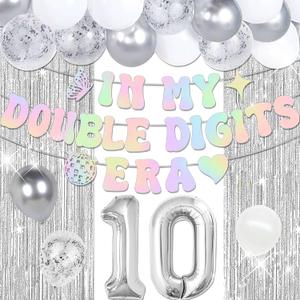 10th Birthday Decorations In My Double Digits Era Banner Double Digits Birthday Happy 10th Birthday Decorations for Silver Number 10 Balloon Girls Boys Double Digits Party Supplies (Silver)