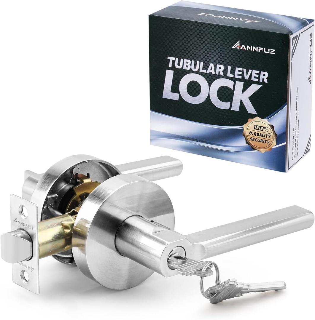 Round Heavy Duty Entry Door Lever Handle Lock With Key for Office/Front Door,Entrance Interior Exterior Door Knob Hardware,Lockable,Not Keyed Alike,Reversible for Left/Right Side,Brushed Nickel