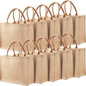 Shappy 10 Pack Burlap Tote Bag Set, Reusable Blank Jute Burlap Grocery Bag with Handle for Bridesmaid Gift Shopping DIY(Jute)
