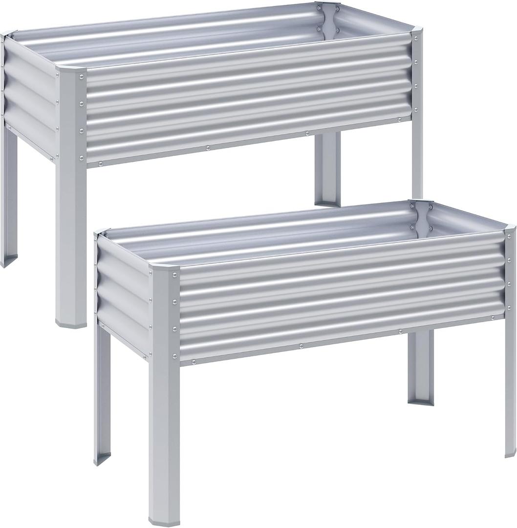 2Pcs Galvanized Raised Garden Bed with Legs, 482432in Large Metal Elevated Raised Planter Box with Drainage Holes for Backyard, Patio, Balcony, 400lb Capacity,Sliver