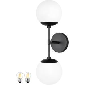 KoKo&Yukina Mid Century Modern Bathroom Matte Black Bathroom Vanity Light Fixtures Globe Sconce 2 Light Vanity Light Milky White Vanity Light Mid Century Wall Sconce