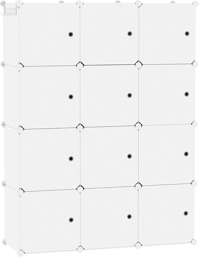 C&AHOME Cube Storage Organizer with Doors, 12-Cube Shelves, Closet Cabinet, DIY Plastic Modular Bookshelf Ideal for Bedroom, Living Room, 36.6L x 12.4W x 48.4H Milky USHS3012M-DOOR