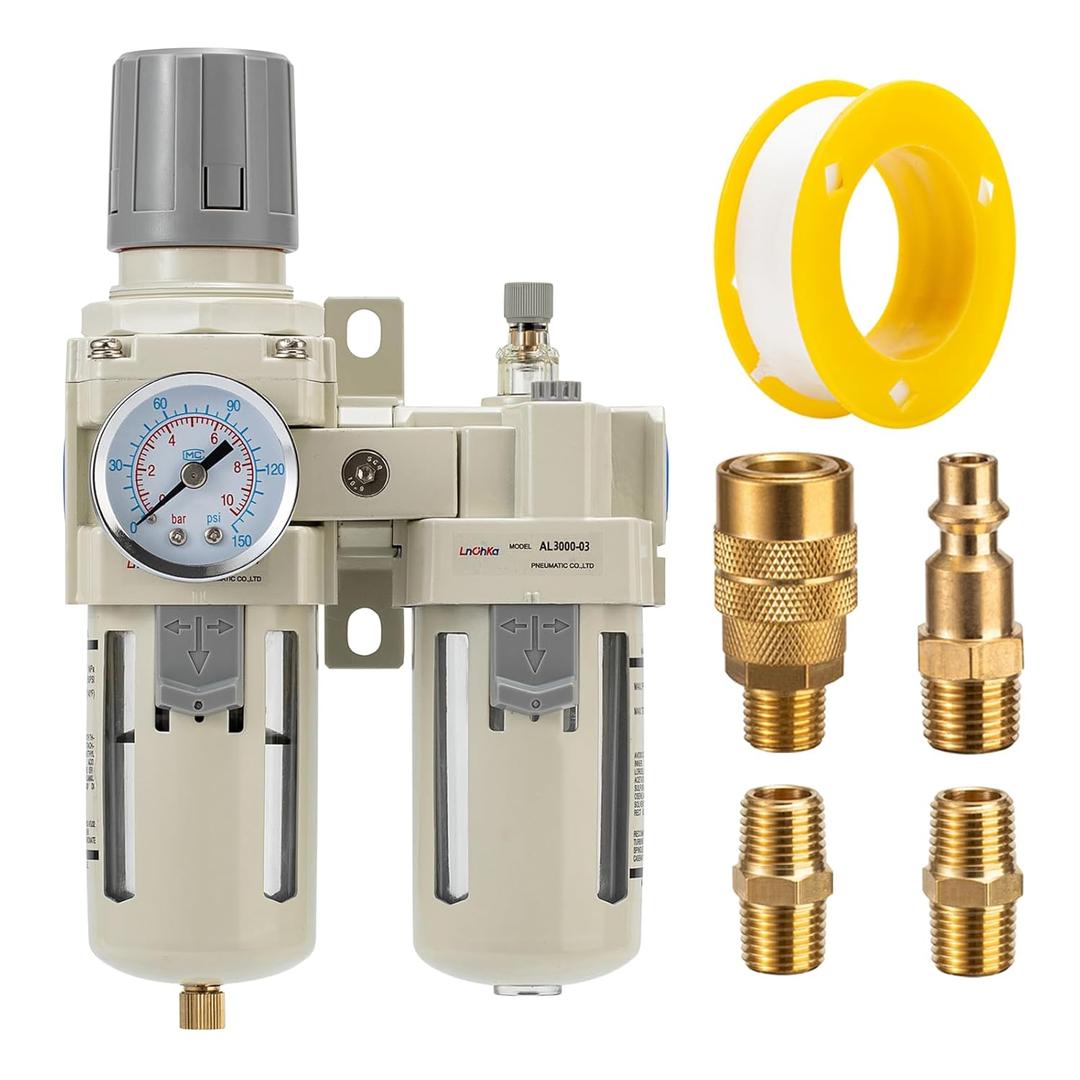 Air Compressor Filter Regulator Lubricator (FRL) Unit,Air Pressure Regulator with Pressure Gauge(0-150PSI),3/8 NPT Oil Water Separator,Semi-Auto Drain,Suitable for Pneumatic Systems