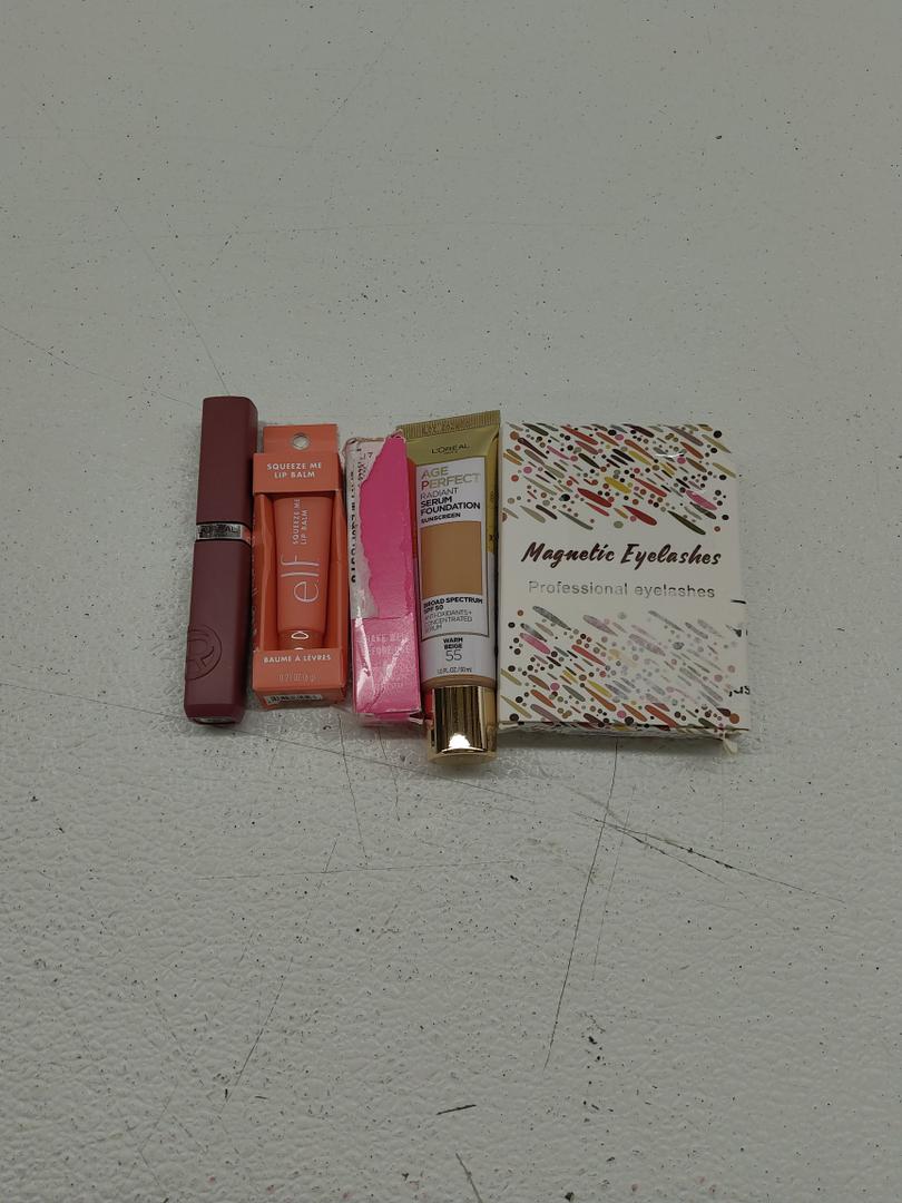 L'Oreal Paris Infallible Matte Resistance Liquid Lipstick; EMEDA Natural Look Magnetic Eyelashes Kit 2 Pairs; e.l.f. Squeeze Me Lip Balm; L'Oreal Paris Age Perfect Radiant Serum Foundation with SPF 50; Jeffree Star Velour Liquid Lipstick
