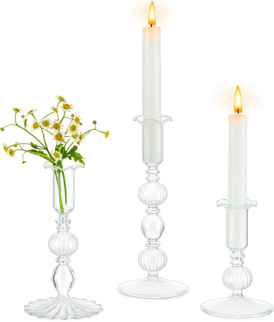 Glasseam Glass Tapered Candlestick Holders: Set of 3 Clear Candle Sticks Holder Decor with Bobeche Modern Ribbed Taper Candle Holders for Table Centerpiece Christmas Wedding Home Decorations